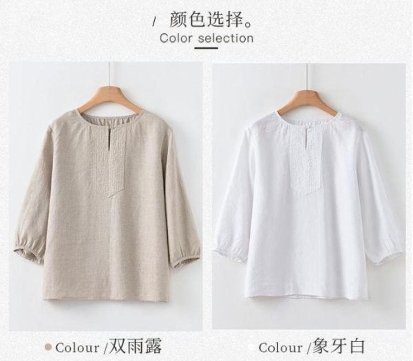 春夏圓領七分袖亞麻寬鬆透氣襯衫｜兩色 鹿与安笛夏季新款圆领七分袖亚麻上衣宽松设计感纯色透气文艺衬衫