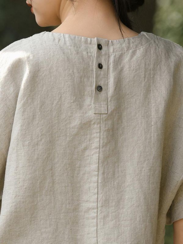 夏季漢麻寬鬆復古圓領短袖T恤 鹿与安笛夏季新款汉麻短袖t恤女宽松复古圆领高级感老钱风上衣