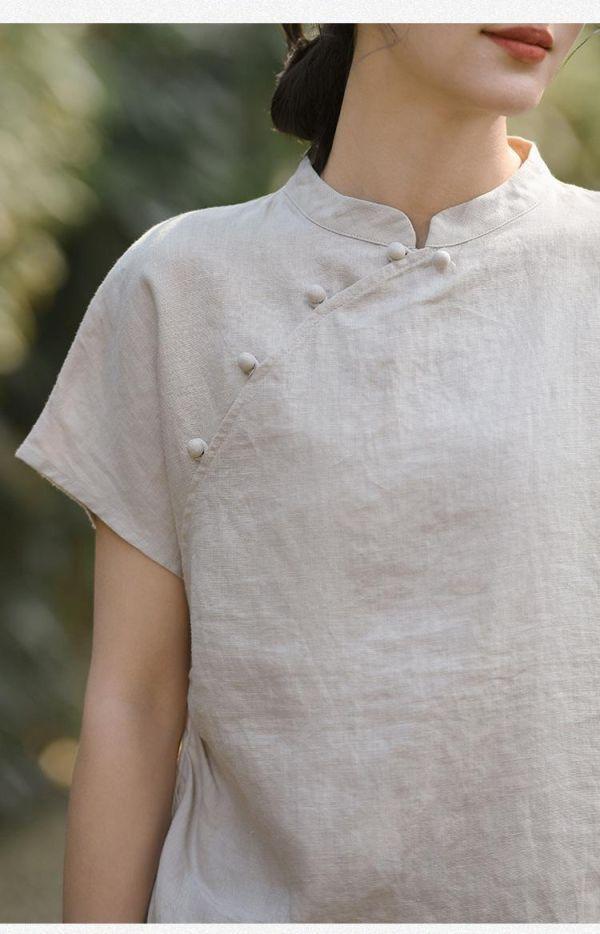 春夏漢麻短袖上衣女夏新中式復古｜兩色 鹿与安笛女装新款汉麻短袖上衣女夏新中式复古国风设计感收腰t恤