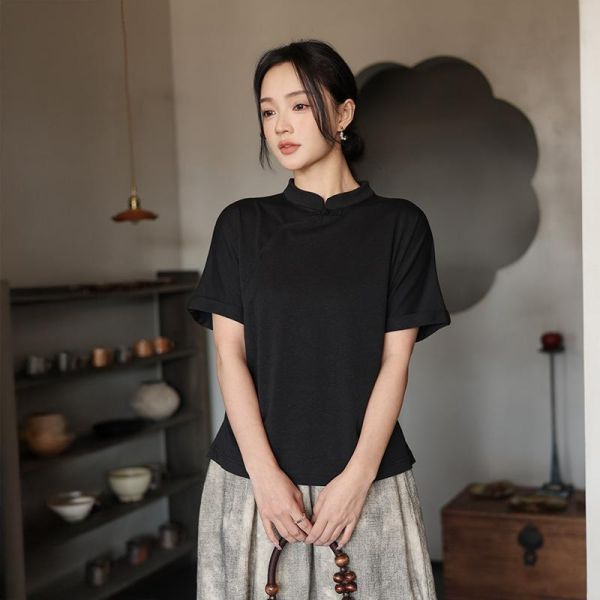 春夏短袖中國風斜開襟棉恤｜兩色 鹿与安笛夏季新款棉麻女装短袖t恤女新中式复古斜开襟中国风上衣