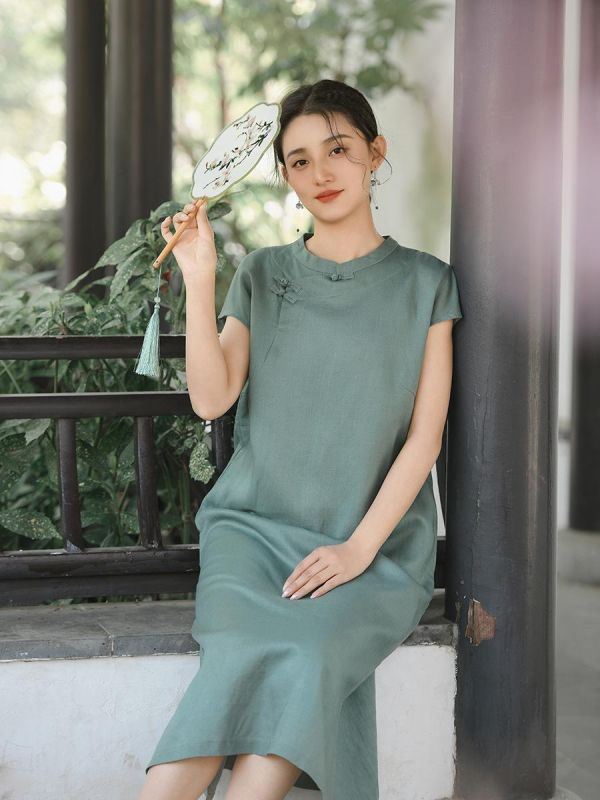 春夏天絲亞麻短袖復古旗袍連衣裙｜兩色 鹿与安笛夏季新款天丝亚麻短袖连衣裙高级感新中式长裙复古旗袍裙