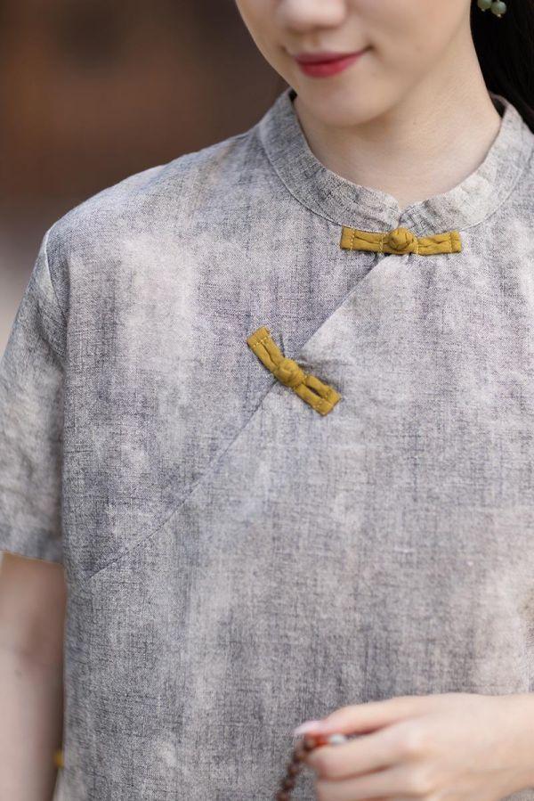 春夏棉麻渲染新中式改良盤釦禪意上衣｜三色 26夏季棉麻女装新款小衫苎麻渲染新中式改良斜襟盘扣T恤禅意上衣