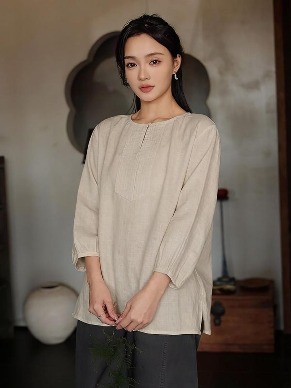 春夏圓領七分袖亞麻寬鬆透氣襯衫｜兩色 鹿与安笛夏季新款圆领七分袖亚麻上衣宽松设计感纯色透气文艺衬衫