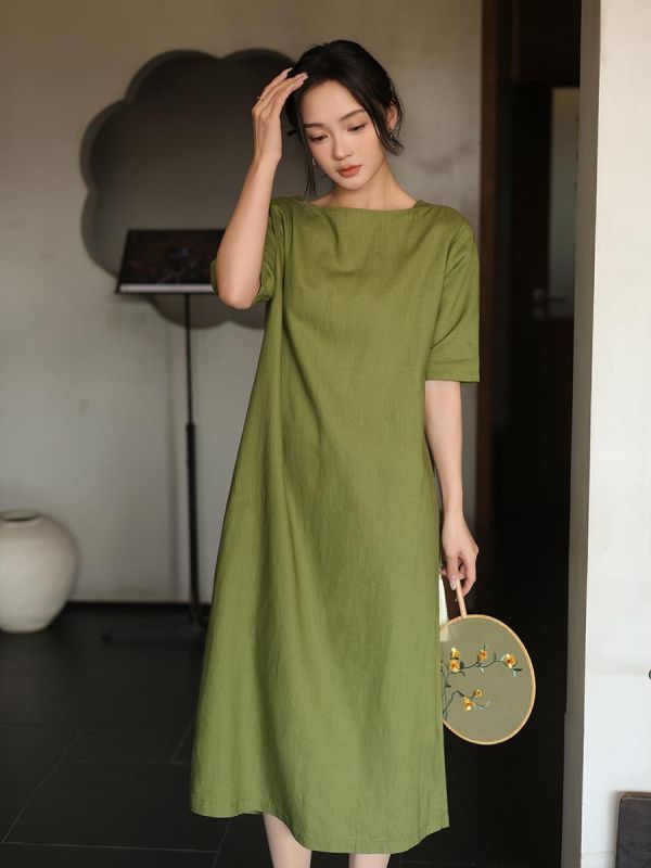 春夏亚麻短袖顯瘦掐腰連衣裙｜兩色 鹿与安笛夏季新款亚麻短袖连衣裙高级感气质掐腰显瘦日系a字长裙