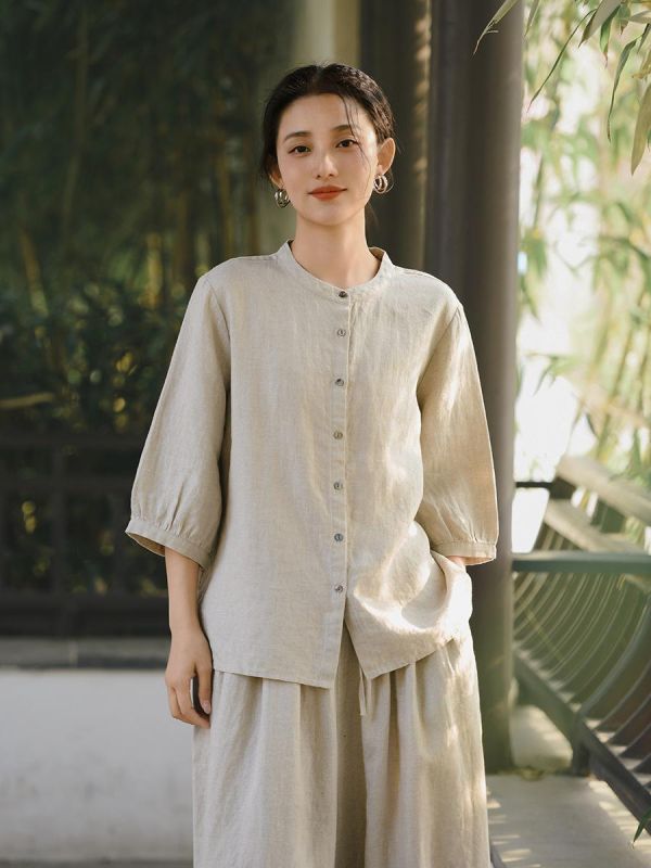 夏季亞麻七分袖新中式寬鬆襯衫 鹿与安笛女装新款汉麻短袖上衣女夏新中式复古国风设计感收腰t恤