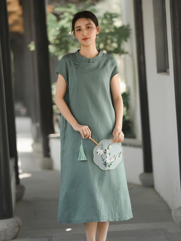 春夏天絲亞麻短袖復古旗袍連衣裙｜兩色 鹿与安笛夏季新款天丝亚麻短袖连衣裙高级感新中式长裙复古旗袍裙