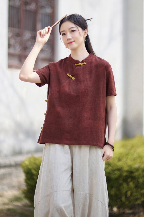 春夏棉麻渲染新中式改良盤釦禪意上衣｜三色 26夏季棉麻女装新款小衫苎麻渲染新中式改良斜襟盘扣T恤禅意上衣
