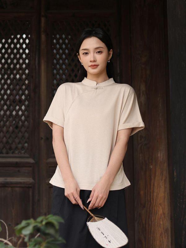 春夏短袖中國風斜開襟棉恤｜兩色 鹿与安笛夏季新款棉麻女装短袖t恤女新中式复古斜开襟中国风上衣
