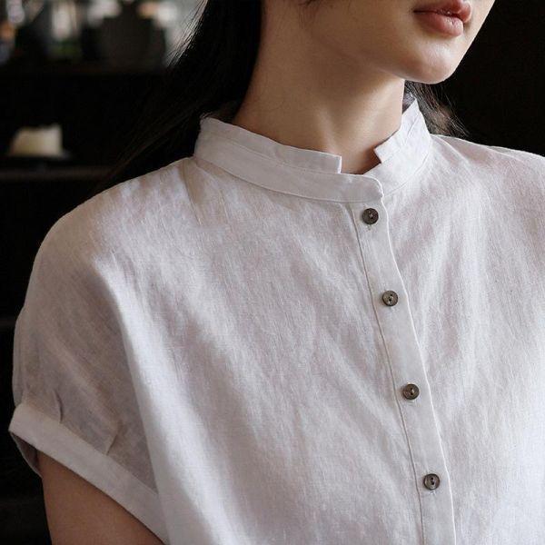 亞麻短袖寬鬆立領復古上衣｜兩色 鹿与安笛女装新款汉麻短袖上衣女夏新中式复古国风设计感收腰t恤