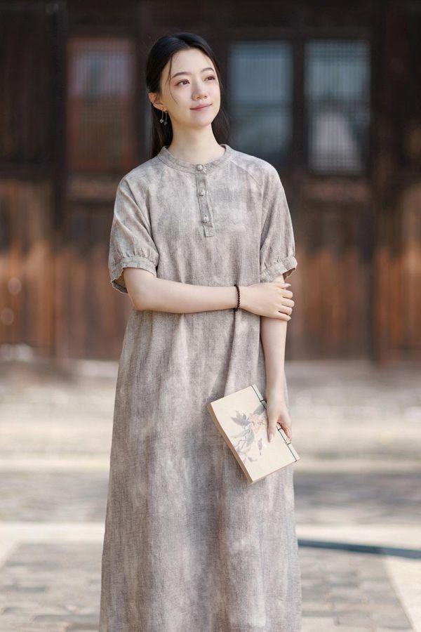 苎麻渲染顯瘦新中式泡泡袖連衣裙｜色 苎麻渲染气质显瘦新中式改良长裙茶歇法式泡泡袖长款连衣裙
