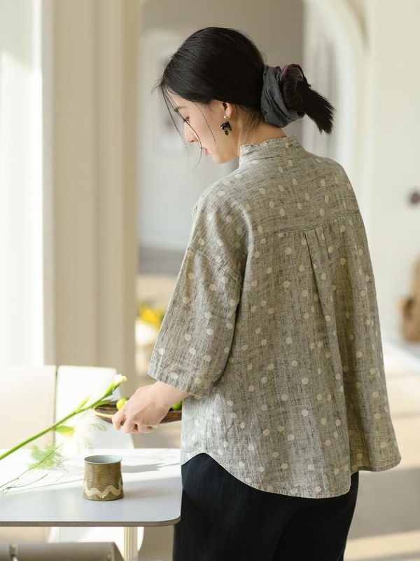 春季棉麻印花七分袖新中式襯衫｜兩色 春季新款棉麻女装衬衫苎麻印花七分袖高级感新中式衬衣女