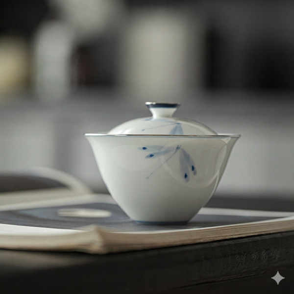 手繪青花陶瓷蓋碗｜蜻蜓 青己 玉瓷手绘青花陶瓷盖碗 手绘蜻蜓吻釉下彩文人器家用泡茶碗