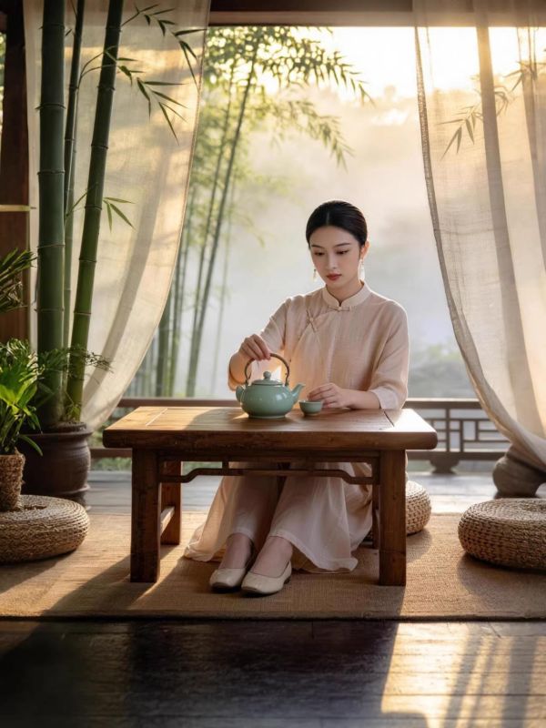 茶杏新中式斜襟長袍寬褲茶禪套裝 9259茶杏新中式两件套2026新款春装国风禅意茶服宽松斜襟立领长衫