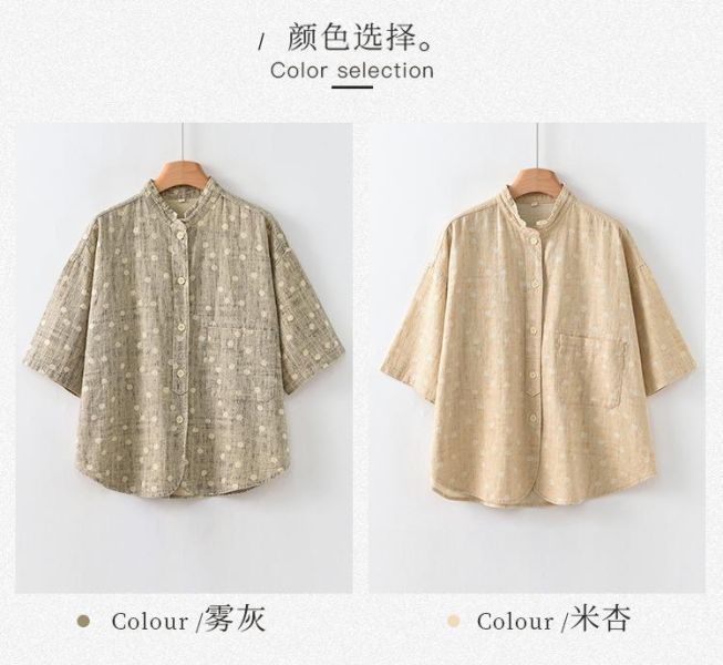 春季棉麻印花七分袖新中式襯衫｜兩色 春季新款棉麻女装衬衫苎麻印花七分袖高级感新中式衬衣女