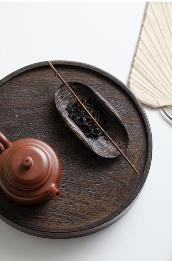 手工紫光檀木茶則茶荷兩件套｜二款 日式侘寂风实木炭烧壶承茶盘复古干泡台家用办公室茶壶托盘茶台