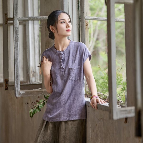 夏棉麻扎染新中式盤扣短袖T恤｜三色 25夏季棉麻女装新款亚麻扎染改良新中式盘扣文艺百搭女式短袖T恤