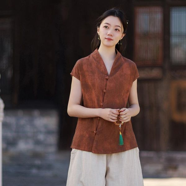 春夏V领無袖苎麻渲染新中式開衫｜三色 26夏女新款V领无袖衬衫苎麻渲染新中式汉服改良上衣个性百搭开衫