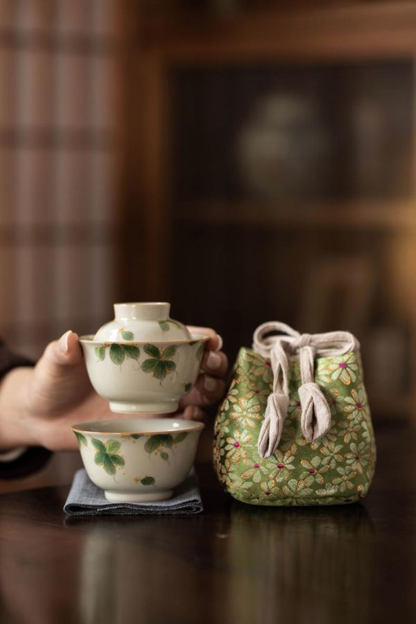 一人飲便攜旅行快客套組｜手繪桂花 一盖碗一杯纯手绘桂花一人饮草木灰主人杯家用陶瓷功夫茶具便携装