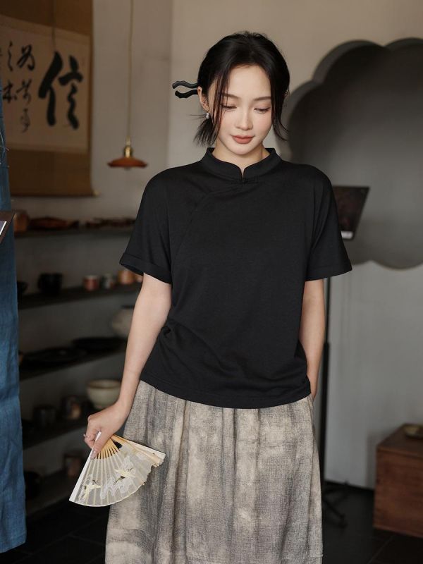 春夏短袖中國風斜開襟棉恤｜兩色 鹿与安笛夏季新款棉麻女装短袖t恤女新中式复古斜开襟中国风上衣