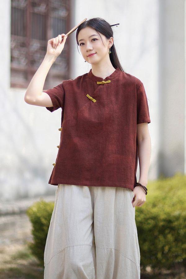 春夏棉麻渲染新中式改良盤釦禪意上衣｜三色 26夏季棉麻女装新款小衫苎麻渲染新中式改良斜襟盘扣T恤禅意上衣
