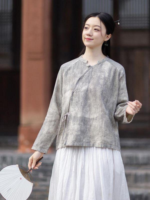 春夏苎麻渲染小衫禪意斜襟繫襯衫｜兩色 26夏女新品苎麻渲染小衫汉服改良斜襟系带衬衫禅意风透气防晒开衫