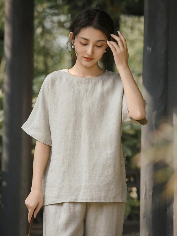 夏季漢麻寬鬆復古圓領短袖T恤 鹿与安笛夏季新款汉麻短袖t恤女宽松复古圆领高级感老钱风上衣