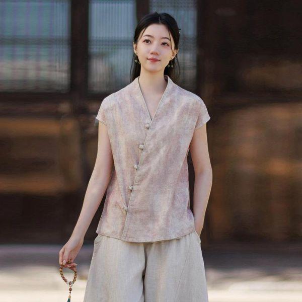 春夏V领無袖苎麻渲染新中式開衫｜三色 26夏女新款V领无袖衬衫苎麻渲染新中式汉服改良上衣个性百搭开衫