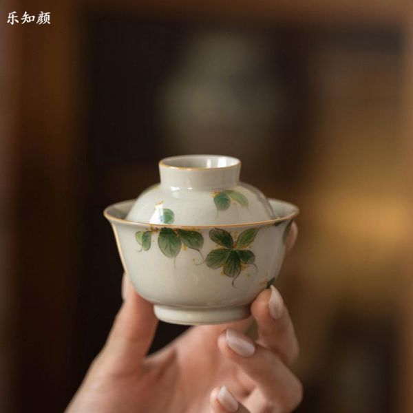 一人飲便攜旅行快客套組｜手繪桂花 一盖碗一杯纯手绘桂花一人饮草木灰主人杯家用陶瓷功夫茶具便携装