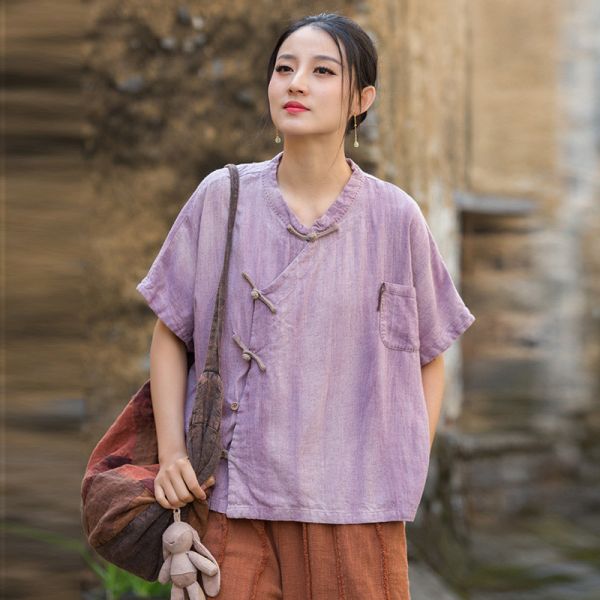 夏棉麻手工縫線斜襟新中式盤扣開衫｜三色 夏棉麻女装新品中式改良自制开衫天丝苎麻修身显瘦女式短袖衬衫
