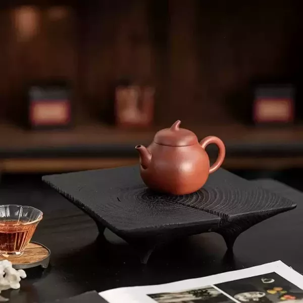 日式侘寂風香樟木炭燒壺承茶台 日式侘寂风实木炭烧壶承茶盘复古干泡台家用办公室茶壶托盘茶台