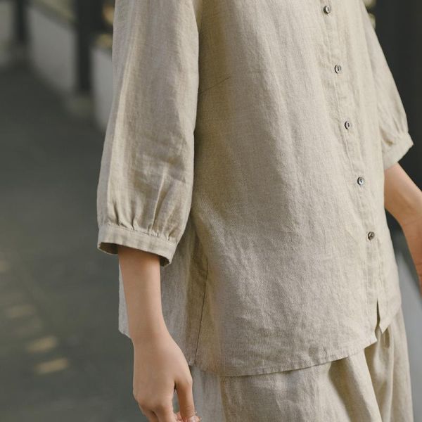夏季亞麻七分袖新中式寬鬆襯衫 鹿与安笛女装新款汉麻短袖上衣女夏新中式复古国风设计感收腰t恤