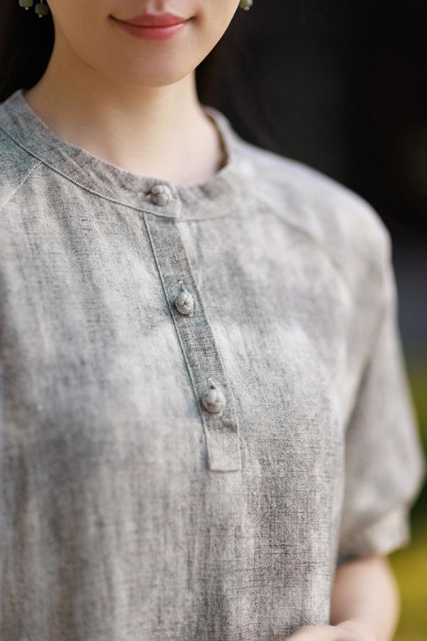 苎麻渲染顯瘦新中式泡泡袖連衣裙｜色 苎麻渲染气质显瘦新中式改良长裙茶歇法式泡泡袖长款连衣裙