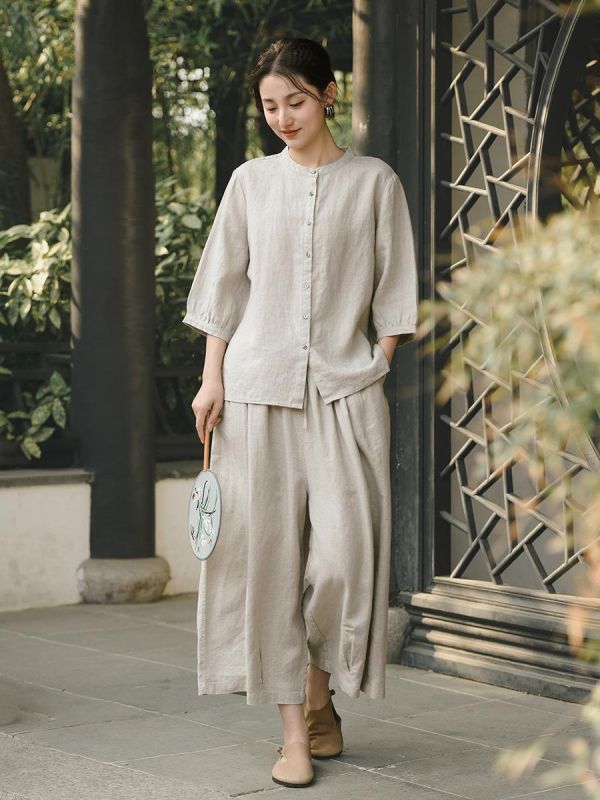 夏季亞麻七分袖新中式寬鬆襯衫 鹿与安笛女装新款汉麻短袖上衣女夏新中式复古国风设计感收腰t恤