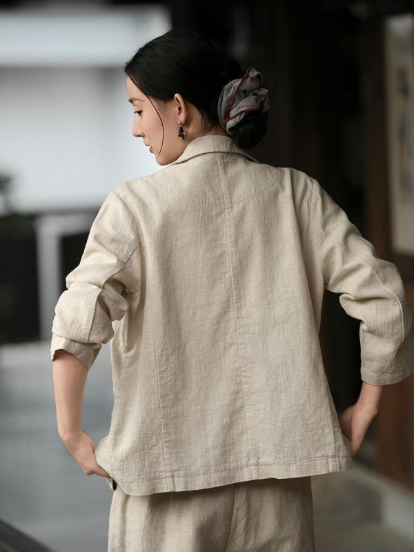 春夏秋棉麻新中式西装外套 鹿与安笛棉麻女装2026春季新款苎麻外套女新中式高级感西装上衣