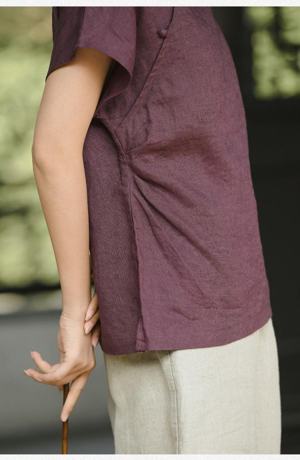 春夏漢麻短袖上衣女夏新中式復古｜兩色 鹿与安笛女装新款汉麻短袖上衣女夏新中式复古国风设计感收腰t恤