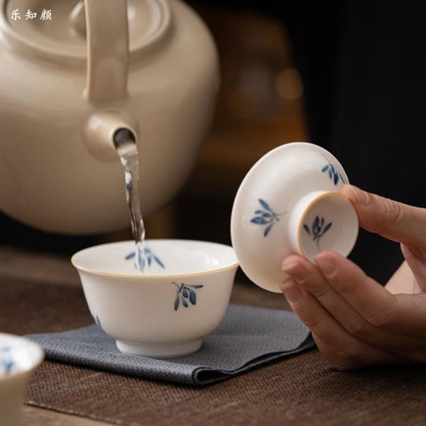 一人飲便攜旅行快客套組｜手繪秋蘭 盖碗纯手绘蝴蝶兰花陶瓷功夫茶具套装快客杯便携户外一人饮泡茶杯