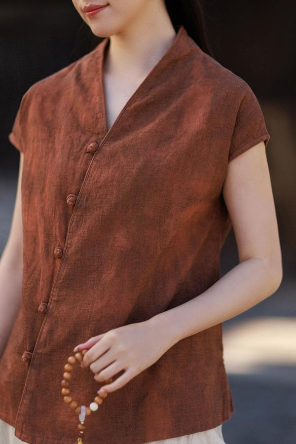 春夏V领無袖苎麻渲染新中式開衫｜三色 26夏女新款V领无袖衬衫苎麻渲染新中式汉服改良上衣个性百搭开衫