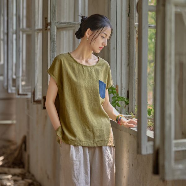 夏天丝苎麻文藝寬鬆顯瘦百搭T恤｜三色 25夏季棉麻女装新款天丝苎麻上衣自制文艺范宽松显瘦女式百搭T恤