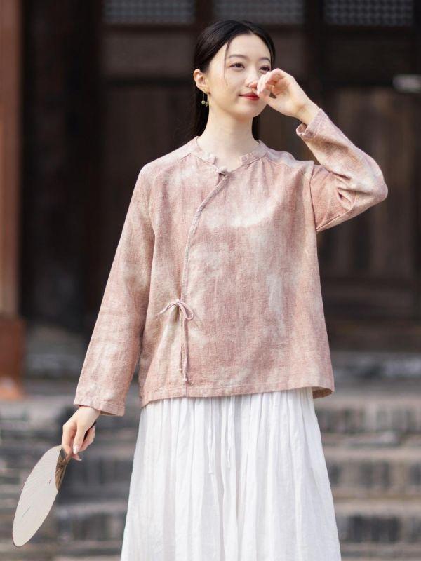 春夏苎麻渲染小衫禪意斜襟繫襯衫｜兩色 26夏女新品苎麻渲染小衫汉服改良斜襟系带衬衫禅意风透气防晒开衫