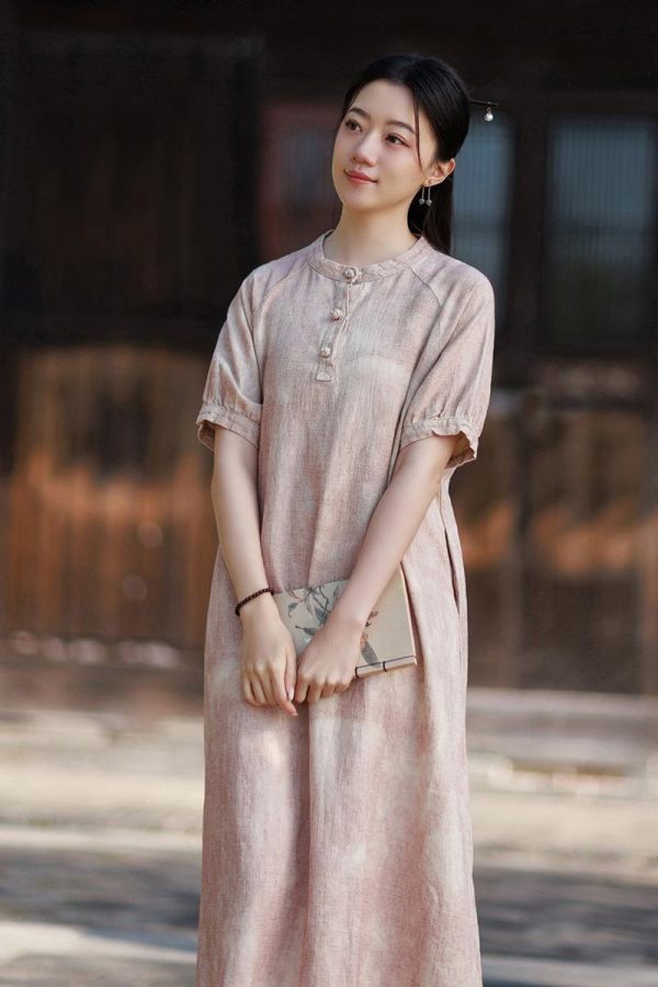苎麻渲染顯瘦新中式泡泡袖連衣裙｜色 苎麻渲染气质显瘦新中式改良长裙茶歇法式泡泡袖长款连衣裙