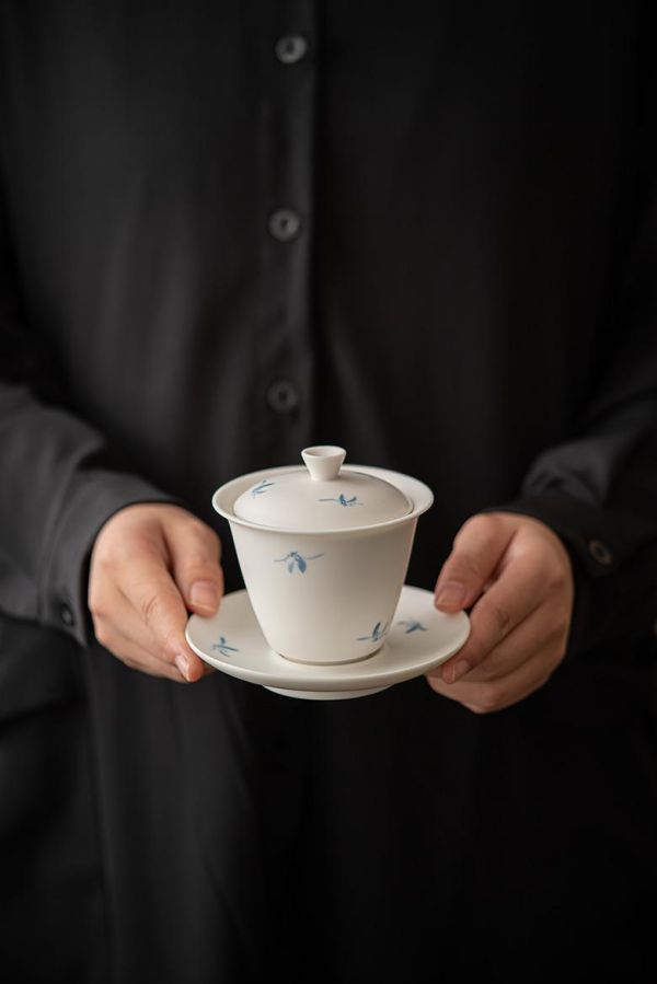 啞光白瓷手繪蘭花三才碗蓋碗01 墨己哑光手绘秋水兰花三才盖碗功夫茶具家用天地盖碗文人泡茶碗