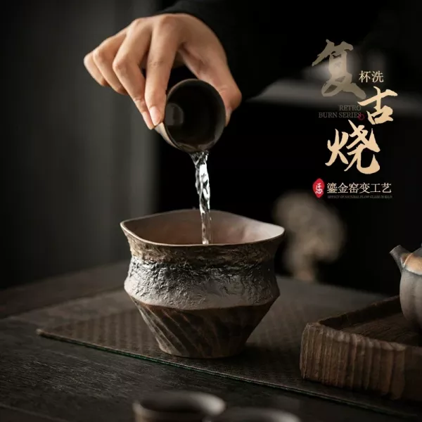 手捏老岩泥禪意復古燒筆洗水盂 复古个性禅意茶洗老岩泥复古烧茶渣缸陶瓷家用杯洗笔洗废水盂中式