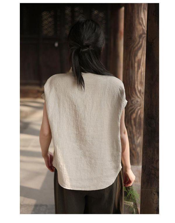 亞麻短袖寬鬆立領復古上衣｜兩色 鹿与安笛女装新款汉麻短袖上衣女夏新中式复古国风设计感收腰t恤