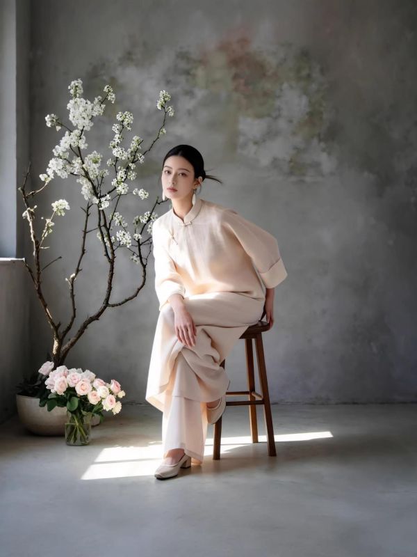 茶杏新中式斜襟長袍寬褲茶禪套裝 9259茶杏新中式两件套2026新款春装国风禅意茶服宽松斜襟立领长衫