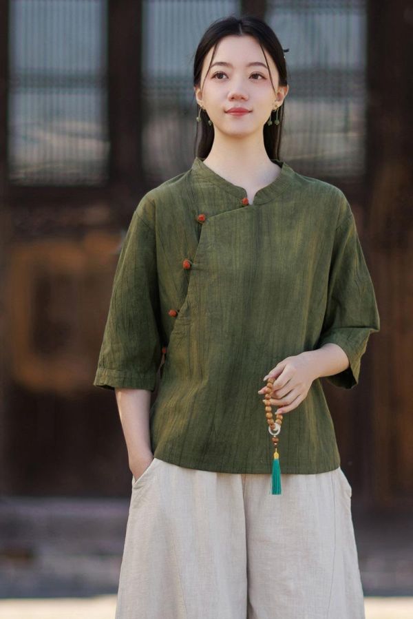 春夏苎麻扎染盘釦宽鬆复古女上衣｜三色 26夏新品苎麻扎染衬衫斜襟盘扣宽松大码复古国风水洗渐变女式上衣