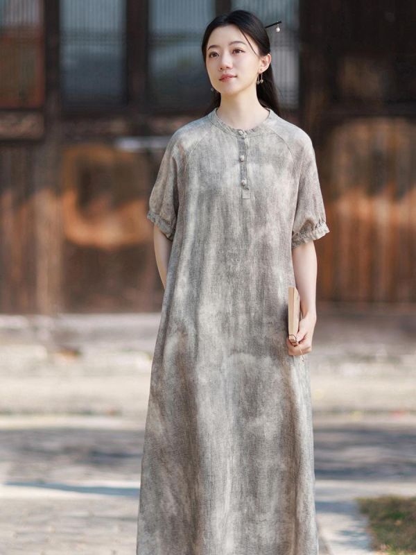 苎麻渲染顯瘦新中式泡泡袖連衣裙｜色 苎麻渲染气质显瘦新中式改良长裙茶歇法式泡泡袖长款连衣裙