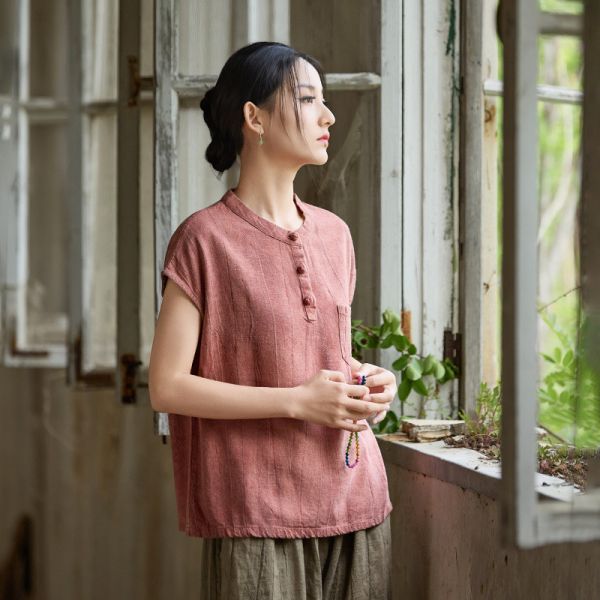 夏棉麻扎染新中式盤扣短袖T恤｜三色 25夏季棉麻女装新款亚麻扎染改良新中式盘扣文艺百搭女式短袖T恤