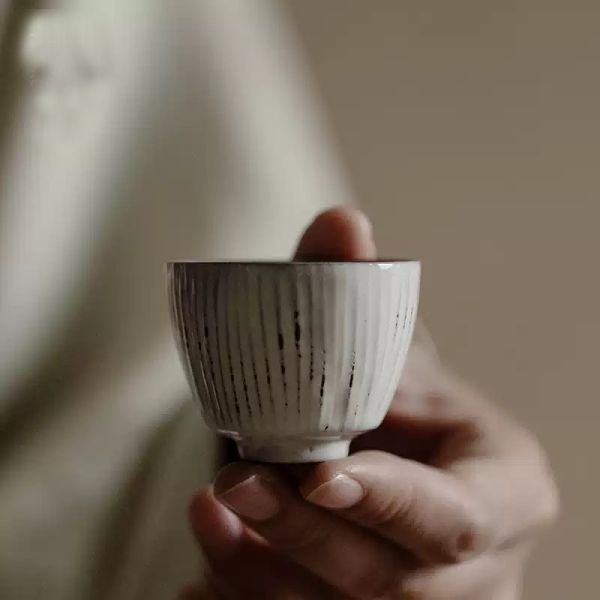手工侘寂風條紋粉引品茗杯｜四色 入间条纹茶杯功夫茶具日本陶艺手作品茗杯