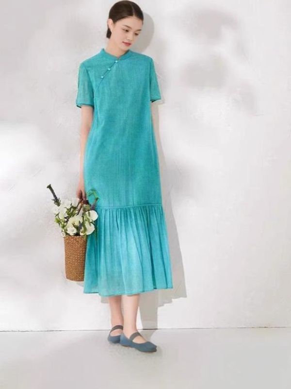 春夏盤釦改良旗袍禅意茶服連衣裙 2507夏季新款盘扣中国风改良旗袍禅意茶服中式文艺连衣裙茶艺中长