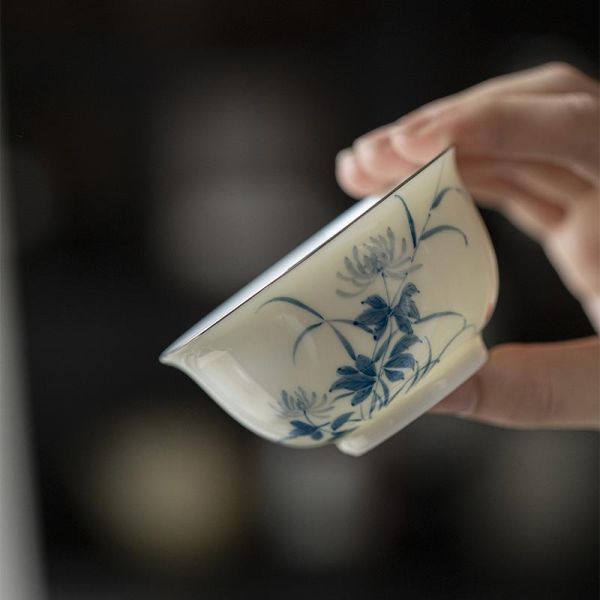 一人飲便攜茶蓋碗｜菊瓣 青己 旅行茶具一盖碗一杯 青花手绘一人饮便携陶瓷茶具兰花快客杯